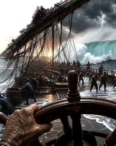 A towering wave curling over the bow